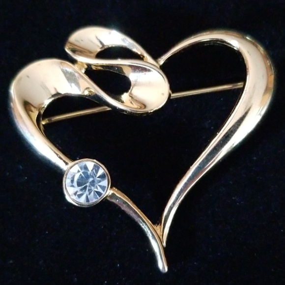 Vintage Heart Rhinestone Brooch Gold Tone - Picture 6 of 12